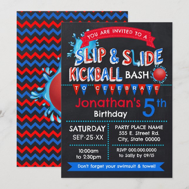 Invitación Slip and Slide Kickball Cumpleaños Azul Blanco Roj (Anverso / Reverso)