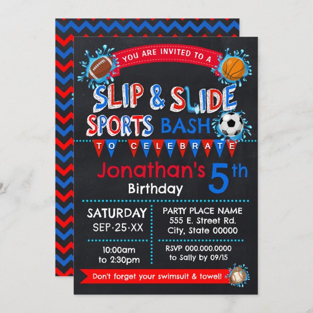 Invitación Slip and Slide Sports Bash Bash de cumpleaños Azul (Anverso / Reverso)