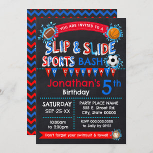 Invitación Slip and Slide Sports Bash Bash de cumpleaños Azul