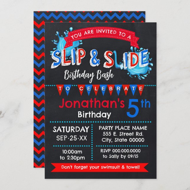 Invitación Slip and Slide Summer Birday Bash Rojo Azul blanco (Anverso / Reverso)