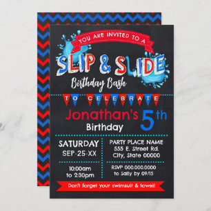 Invitación Slip and Slide Summer Birday Bash Rojo Azul blanco
