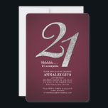 Invitación Sliver Purpurina Glam Burgundy 21º cumpleaños<br><div class="desc">Crea tu propia sorpresa de cumpleaños moderna de Borgoña 21 con los detalles de tu fiesta sobre el fondo burdeos y los tipos de letra populares que puedes cambiar fácilmente haciendo clic en el botón "Personalizar"</div>