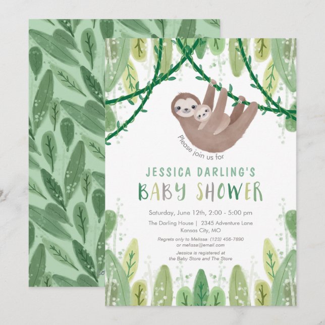 Invitación Sloth Baby Boy Shower Jungle Tema (Anverso / Reverso)