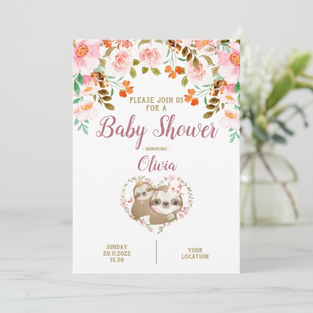 Invitación Sloth Floral Watercolor Baby Shower (Anverso de pie)