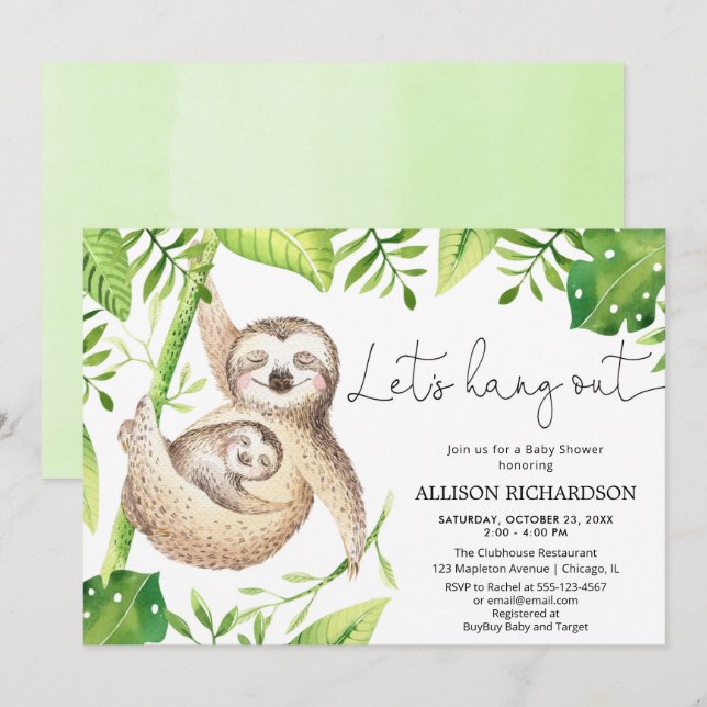 Invitación Sloth Let's Hang Out sexo neutro ducha bebé (Anverso / Reverso)