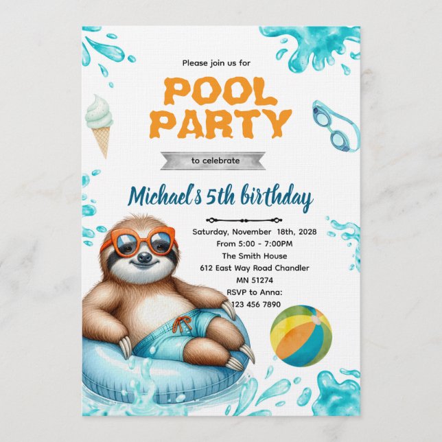 Invitación Sloth Pool Party Birthday Invite (Anverso)
