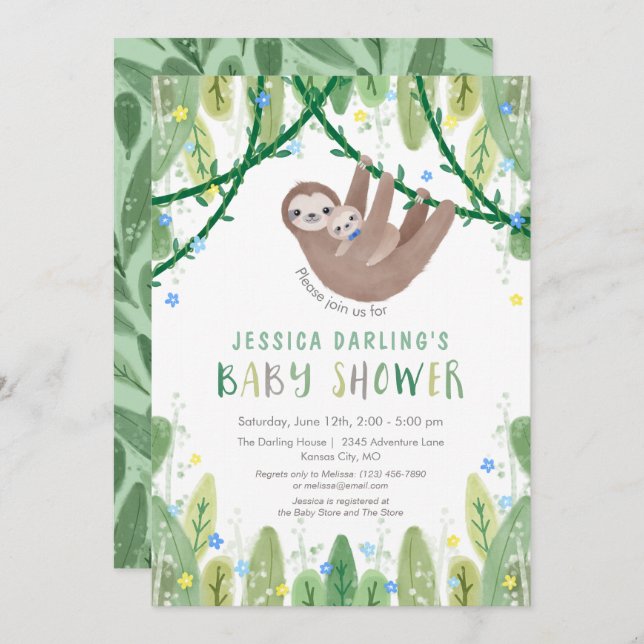 Invitación Slove Baby Boy Bow Tie Shower Jungle Tema (Anverso / Reverso)