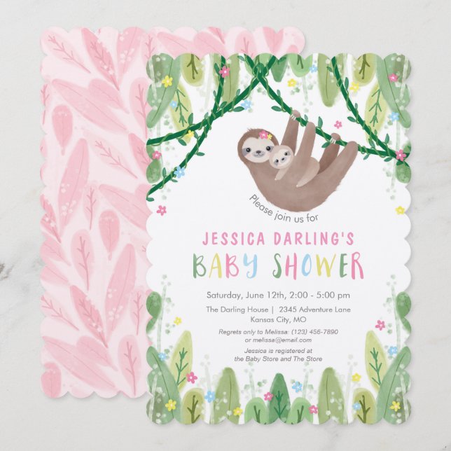 Invitación Slove Baby Girl Shower Jungle Tema (Anverso / Reverso)