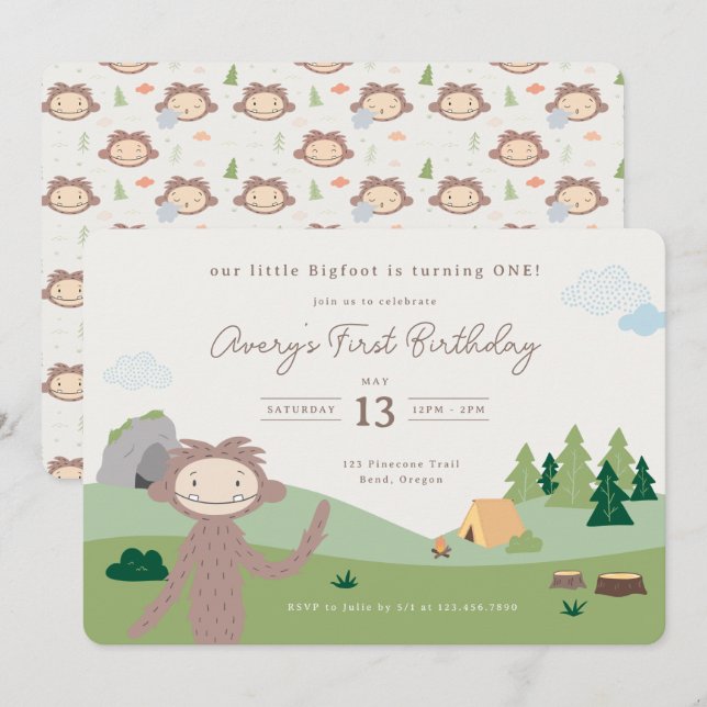 Invitación Slumberkins Bigfoot Woodland First Birthday (Anverso / Reverso)