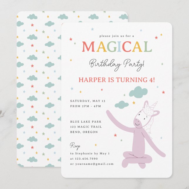 Invitación Slumberkins Magical Rainbow Unicorn Birthday (Anverso / Reverso)