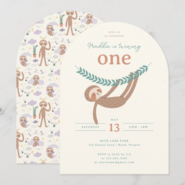 Invitación Slumberkins Sloth Birthday Party (Anverso / Reverso)