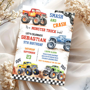 Invitación Smash & Crash Es Cumpleaños de Niño de Monster Tru