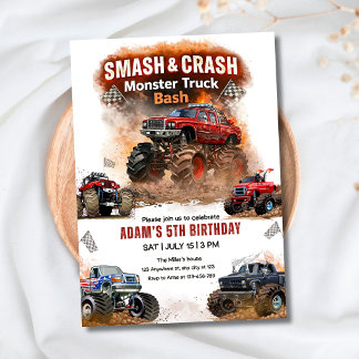 Invitación Smash & Crash Monster Truck Bash Birthday Boys Car