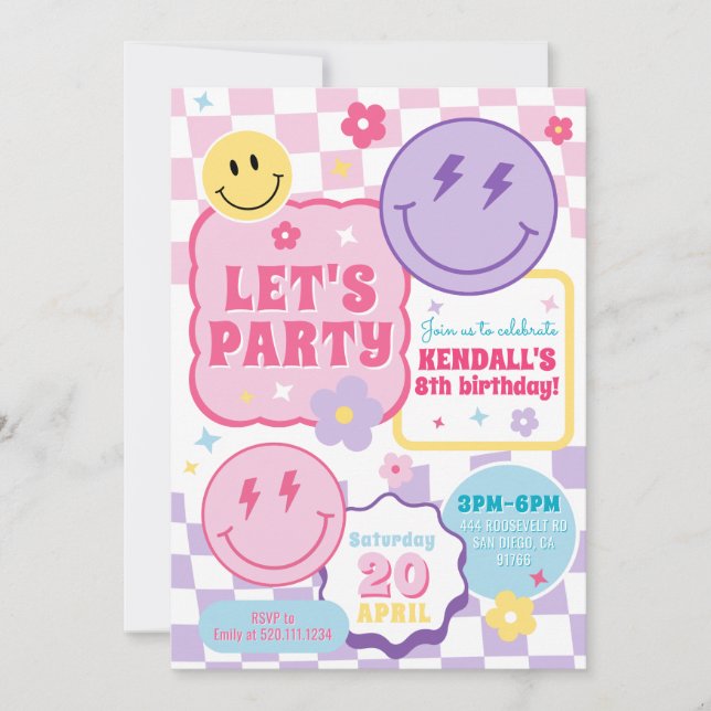 Invitación Smiley Preppy Face Colorful Birthday Invitation (Anverso)