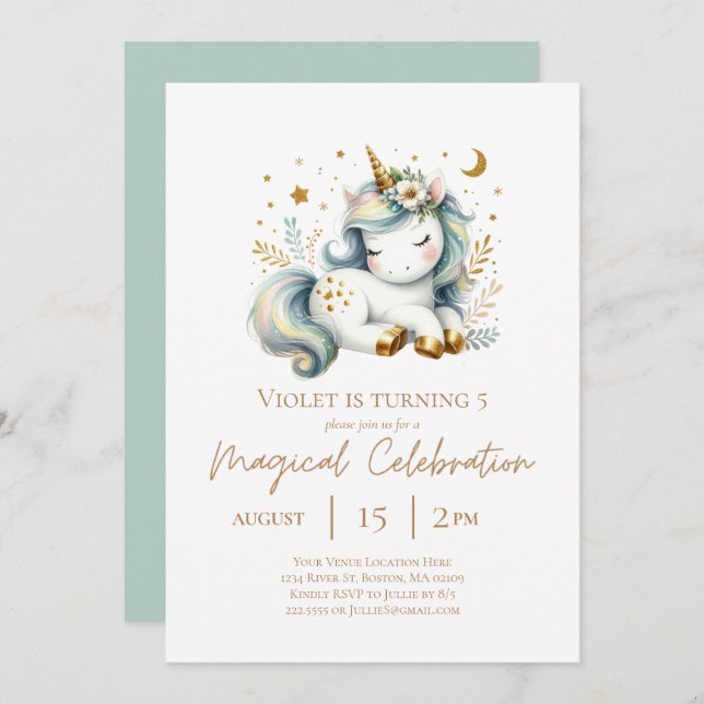 Invitación Smokey Blue Dreamy Cute Unicorn Cumpleaños (Anverso / Reverso)