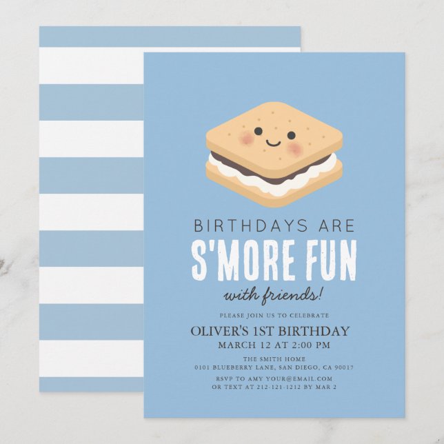 Invitación S'more Divertido Kawaii Blue Boy primer cumpleaños (Anverso / Reverso)
