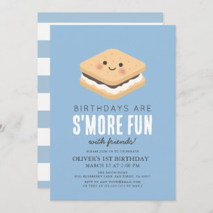 Invitación S'more Divertido Kawaii Blue Boy primer cumpleaños