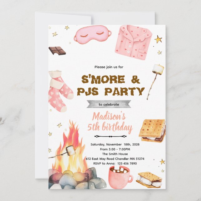 Invitación S'more pajamas party theme invitation (Anverso)