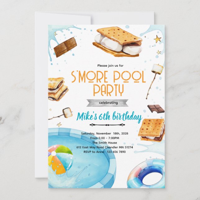 Invitación S'more pool birthday party invitation (Anverso)