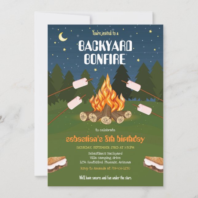 Invitación S'mores Backyard Camping Bonfire Birthday  (Anverso)