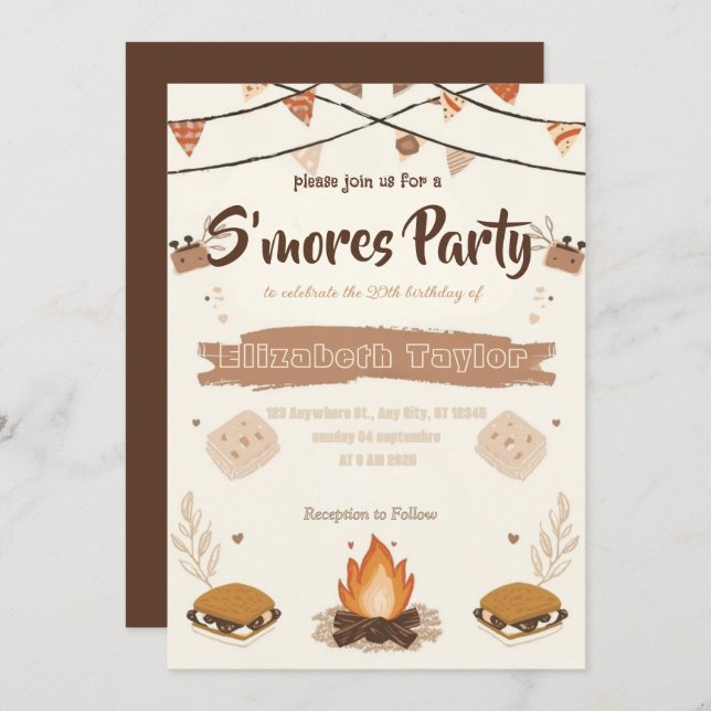 Invitación S'mores Birthday Party Invitation – Cozy Campfire (Anverso / Reverso)