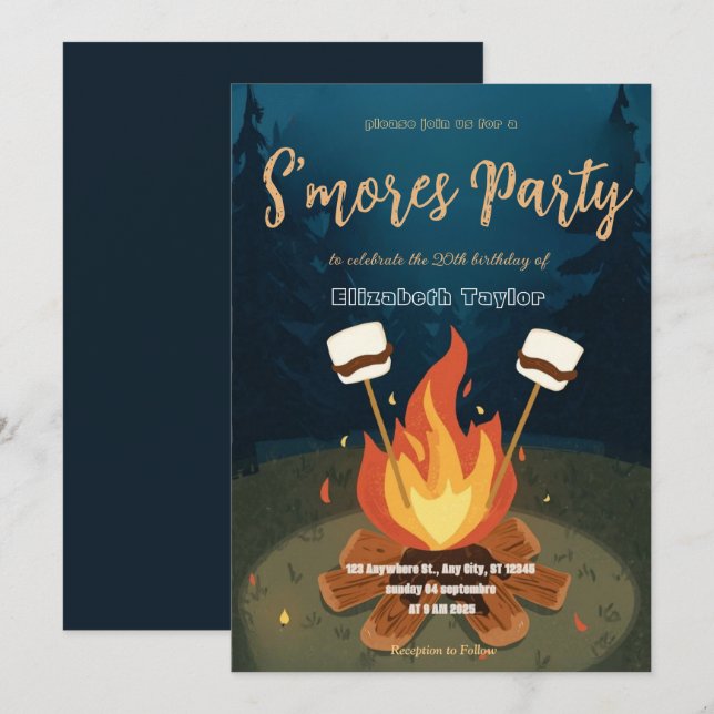 Invitación S'mores Birthday Party Invitation – Cozy Campfire  (Anverso / Reverso)