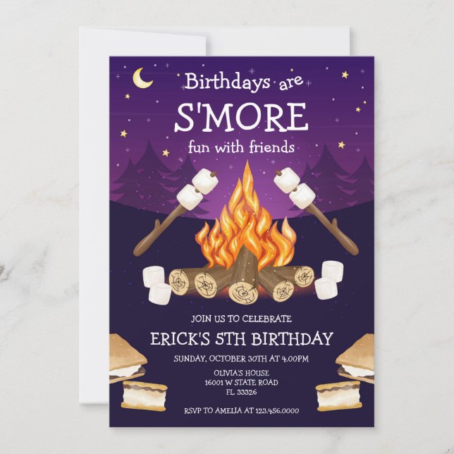 Invitación S'mores Birthday Party S'mores Camping Birthday (Anverso)