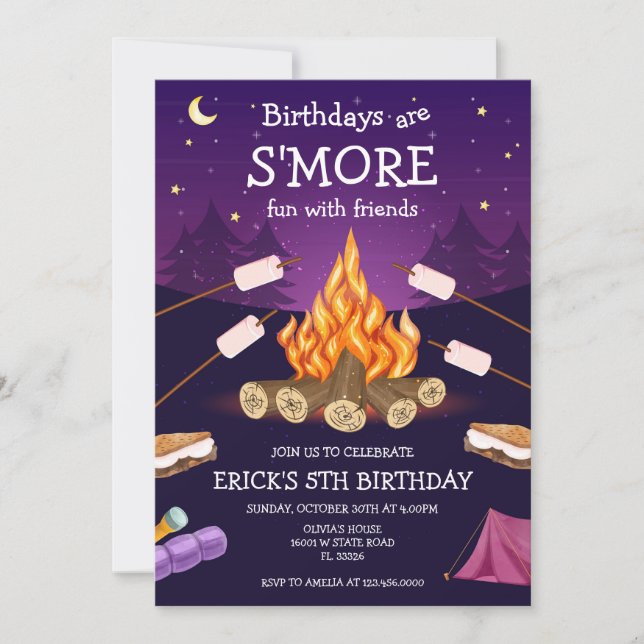 Invitación S'mores Birthday Party S'mores Camping Birthday (Anverso)
