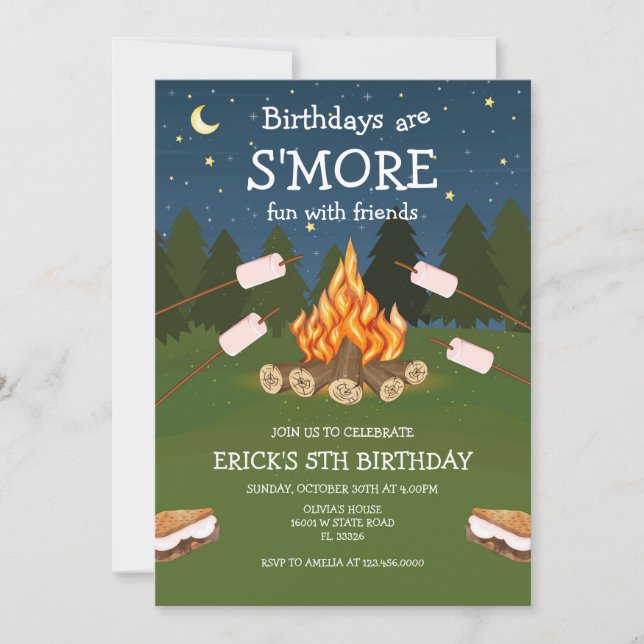 Invitación S'mores Birthday Party S'mores Camping Birthday (Anverso)