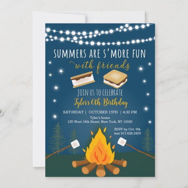 Invitación S'mores Camping Campfire Cumpleaños (Anverso)