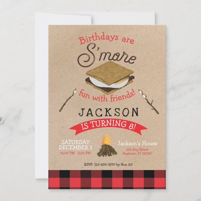 Invitación S'mores Diversión con amigos Flannel Cumpleaños (Anverso)