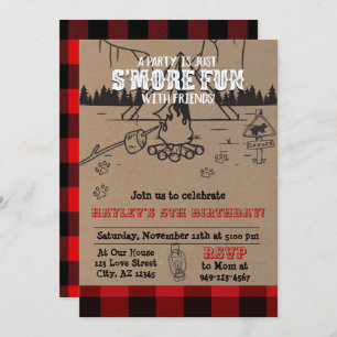 Invitación S'mores Fiesta Buffalo Plaid Cumpleaños