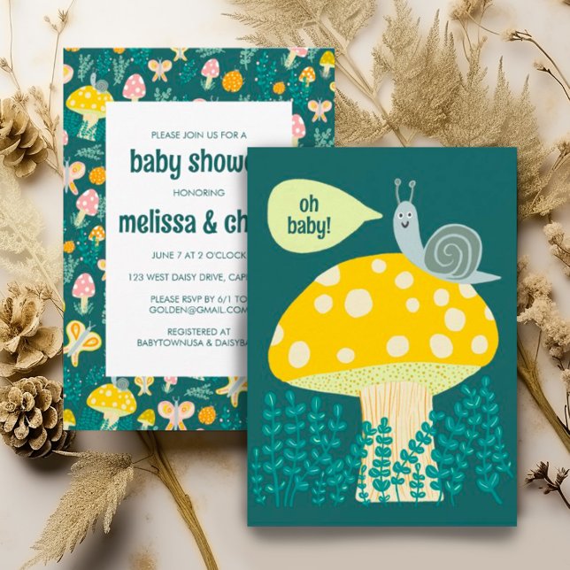 Invitación Snack Mushroom Cute Adorable PERSONALIZADO BABY SH (Cute snail, mushroom, ladybug and butterfly colorful custom baby shower invitation. Gender neutral)