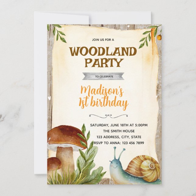 Invitación Snail and mushroom party invitation (Anverso)