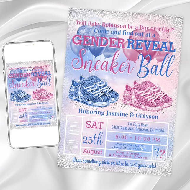 Invitación Sneaker Ball Gender Revelar Baby Shower (Sneaker ball gender reveal invitation. Instant download and printed invitations available.)