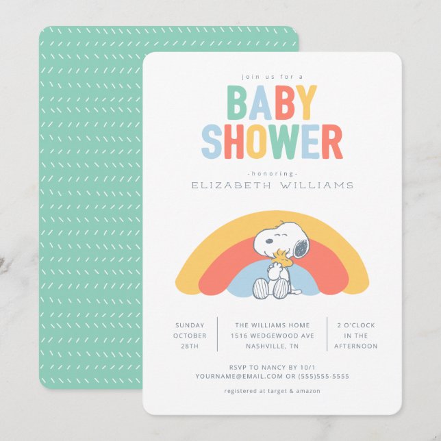 Invitación Snoopy y Woodstock Rainbow Baby Shower (Anverso / Reverso)