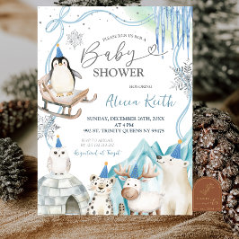 Invitación Snow Boy Winter Arctic Animals Baby Shower