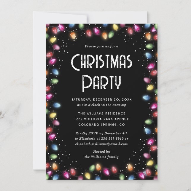 Invitación Snow Colored Lights Black Christmas Party (Anverso)