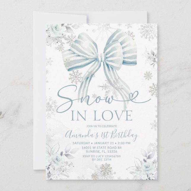 Invitación Snow In Love Blue Bow Silver Snowflake Birthday (Anverso)