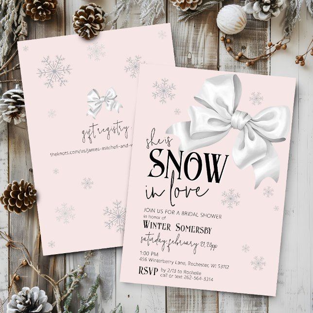 Invitación Snow In Love Modern Bow Pink Winter Bridal Shower (Simple elegant minimal Snow In Love watercolor white bow snowflakes pink bridal shower invitation)