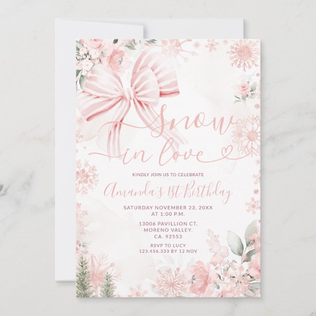Invitación Snow In Love Pink Bow Floral Christmas Birthday (Anverso)
