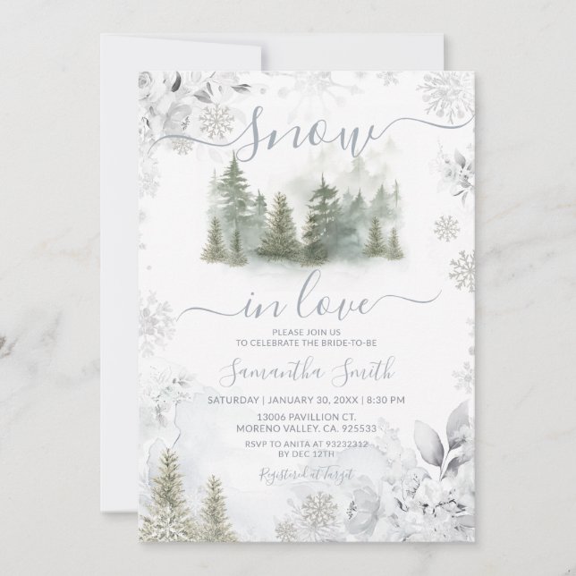 Invitación Snow In Love Silver Winter Pine Tree Bridal Shower (Anverso)