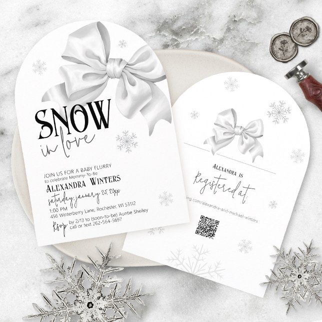 Invitación Snow In Love White Bow Baby Shower Winter Arch QR (Arch black and white elegant baby girl or boy winter snowflake white bow QR code Snow in love shower)