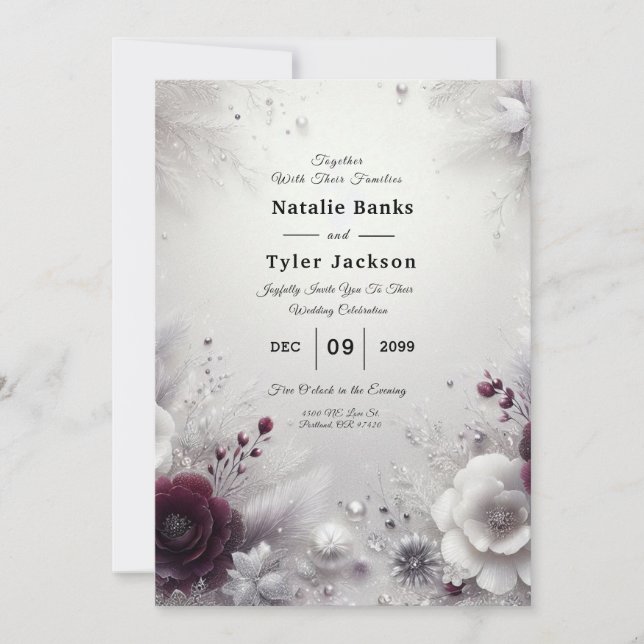 Invitación Snow-Kissed Plum and Ivory Floral Wedding (Anverso)