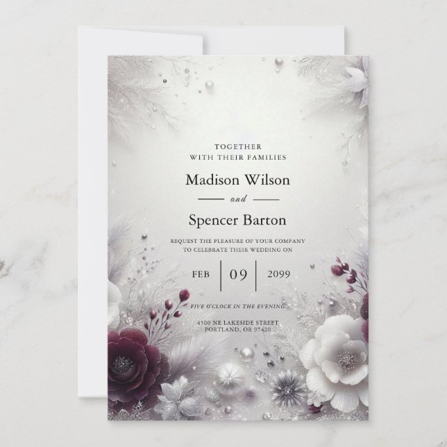 Invitación Snow-Kissed Plum and Ivory Floral Wedding (Anverso)