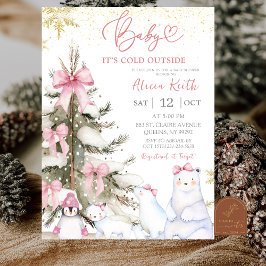 Invitación Snow Pink Winter Arctic Animals Baby Shower