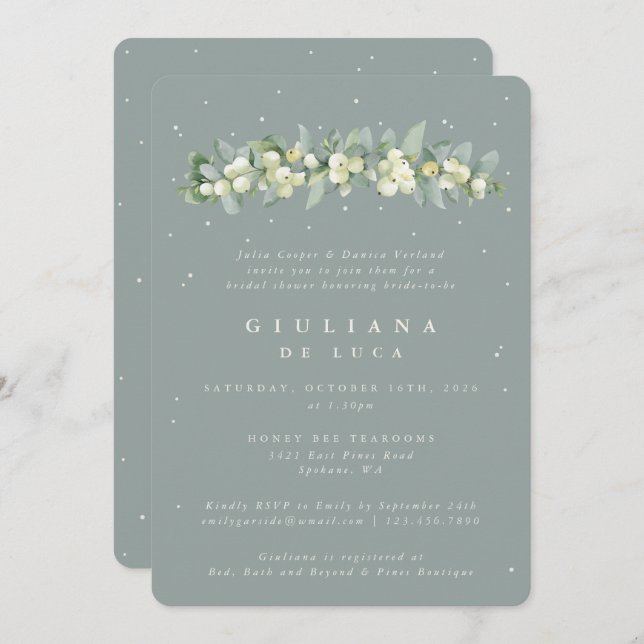 Invitación Snowberry verde marino + ducha de novia Eucalyptus (Anverso / Reverso)
