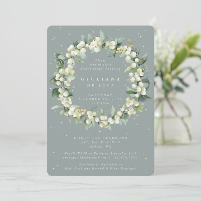 Invitación Snowberry verde marino + ducha de novia Eucalyptus (Anverso de pie)