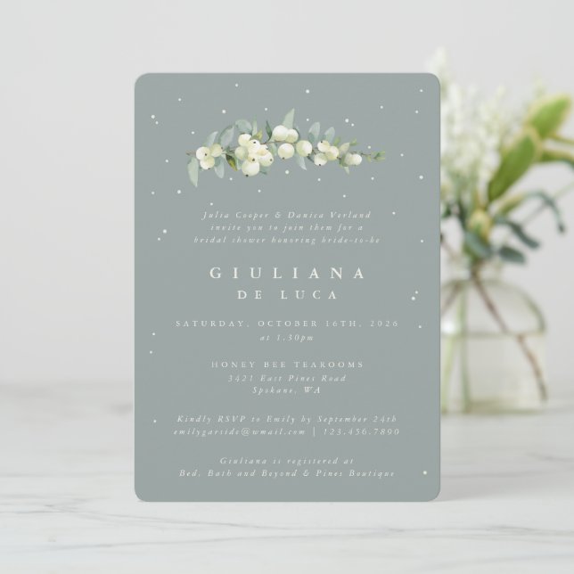 Invitación Snowberry verde marino + ducha de novia Eucalyptus (Anverso de pie)
