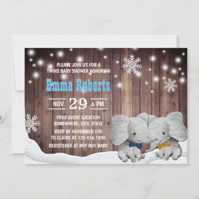 Invitación Snowflaes Baby Shower sobre el elefante Twins Boy (Anverso)